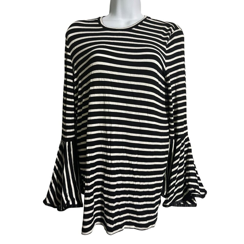 Maette Bell Sleeve Top Womens Size Small Tunic Black White Stripes